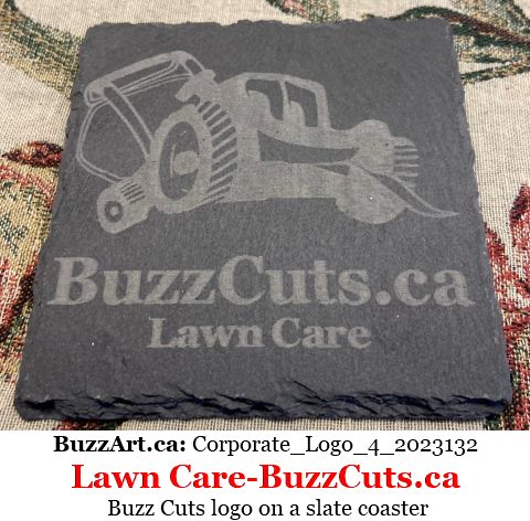 Buzz Cuts logo on a slate coaster